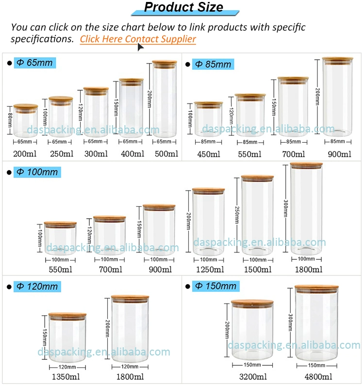 200ml 250ml 300ml 900ml 1500ml Round Borosilicate Airtight Kitchen Candy Cookies Food Container Packaging Glass Storage Jar Glassware with Bamboo Lids